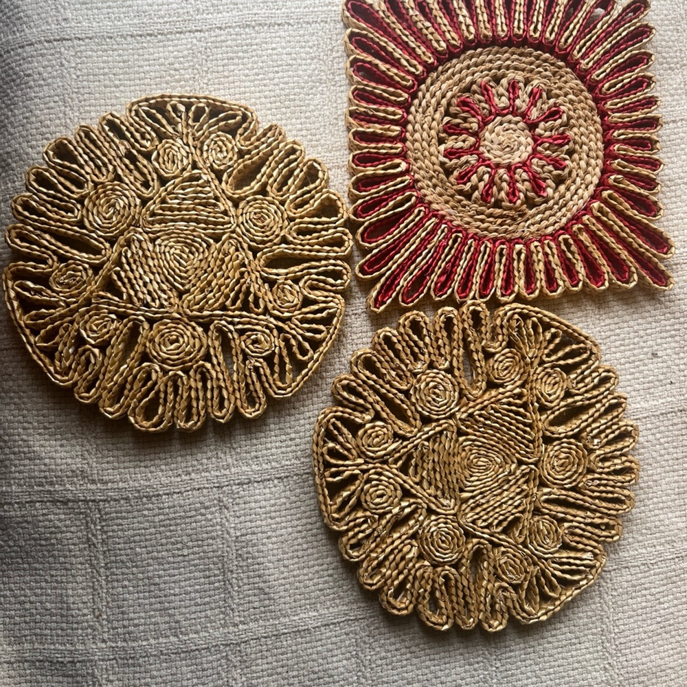 Vintage set of 3 woven trivets hot pads